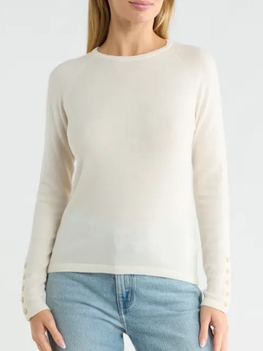 J. McLaughlin Jamey Sweater Soft White Crewneck Button Cuff Lightweight Knit S M
